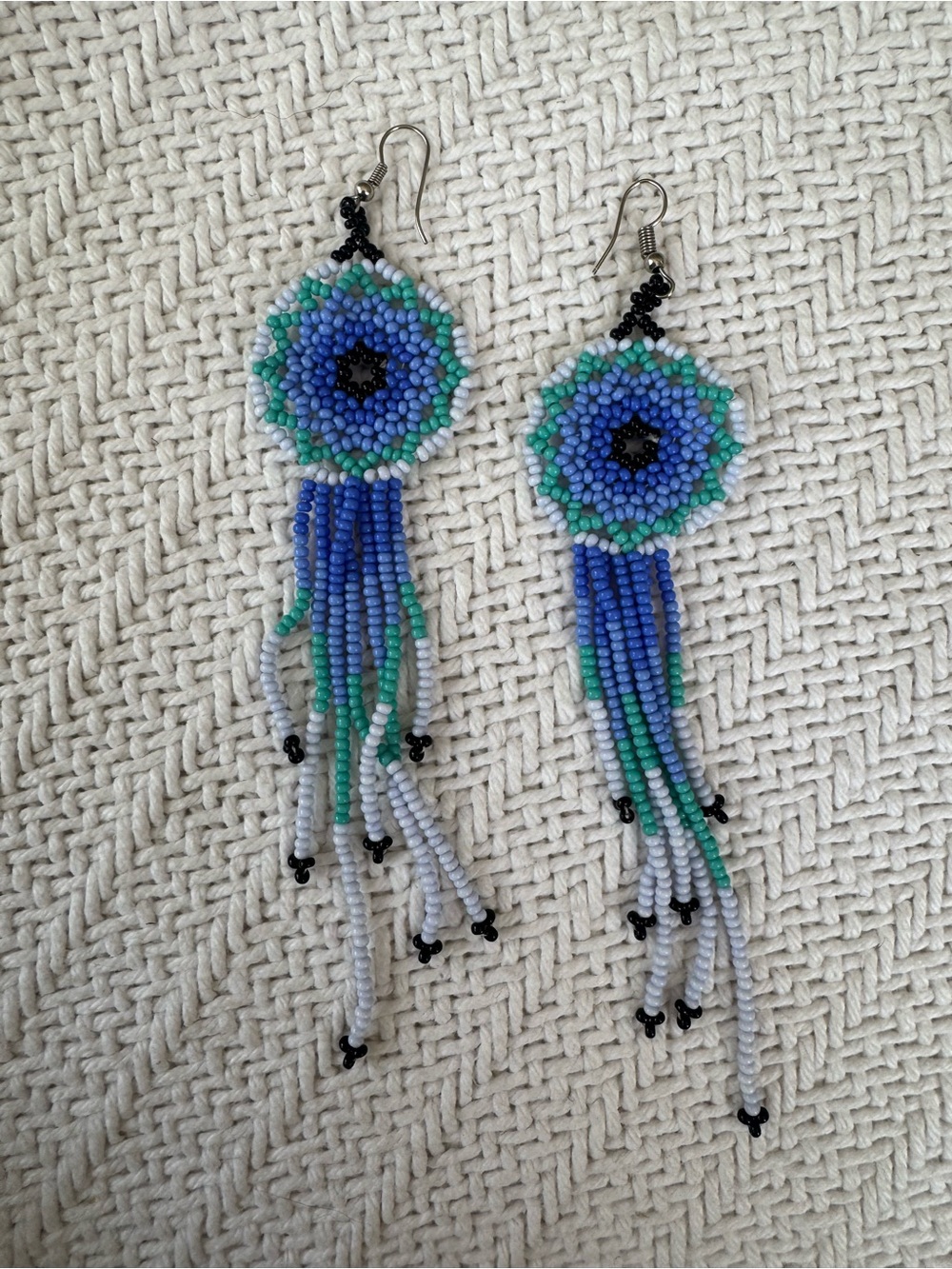 Handmade Blue & Green Beaded Fringe Earrings
